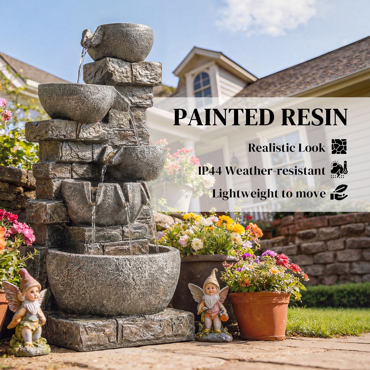 80cm 5-Tier Outdoor Fountain with LED Lighting Stone Grey