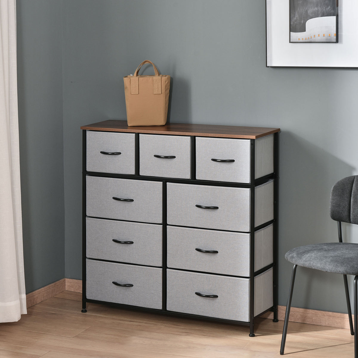 Commode de chambre à 9 tiroirs avec cadre en acier