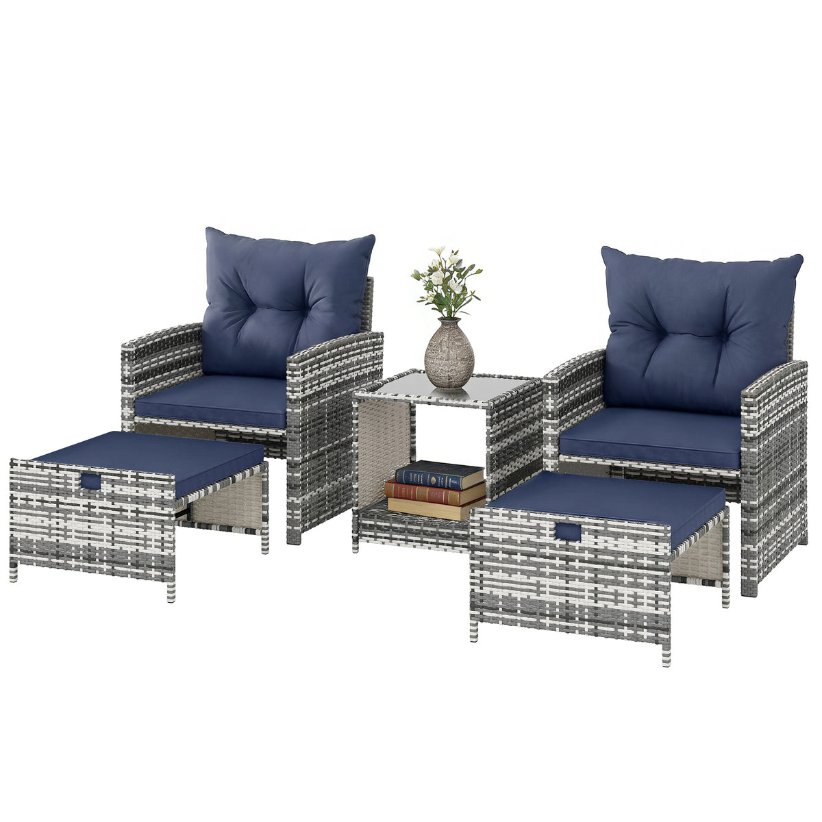 Salon de patio 5 pièces en rotin avec table en verre
