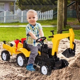 Tracteur à pédales avec bras excavateur et remorque