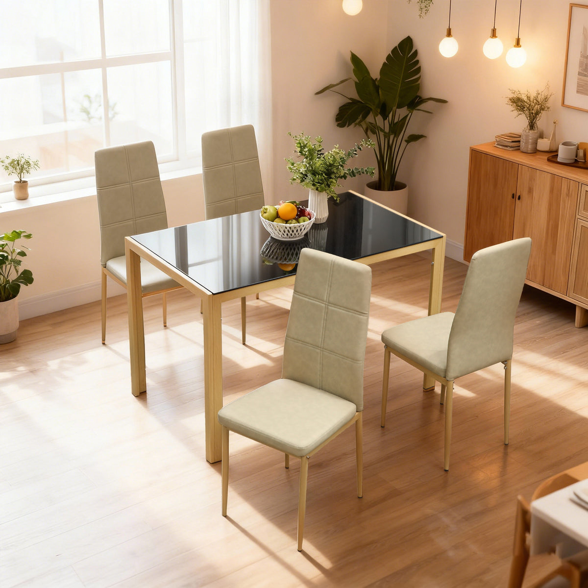 Ensemble salle à manger 3 pièces verre trempé cadre métal — Brun clair