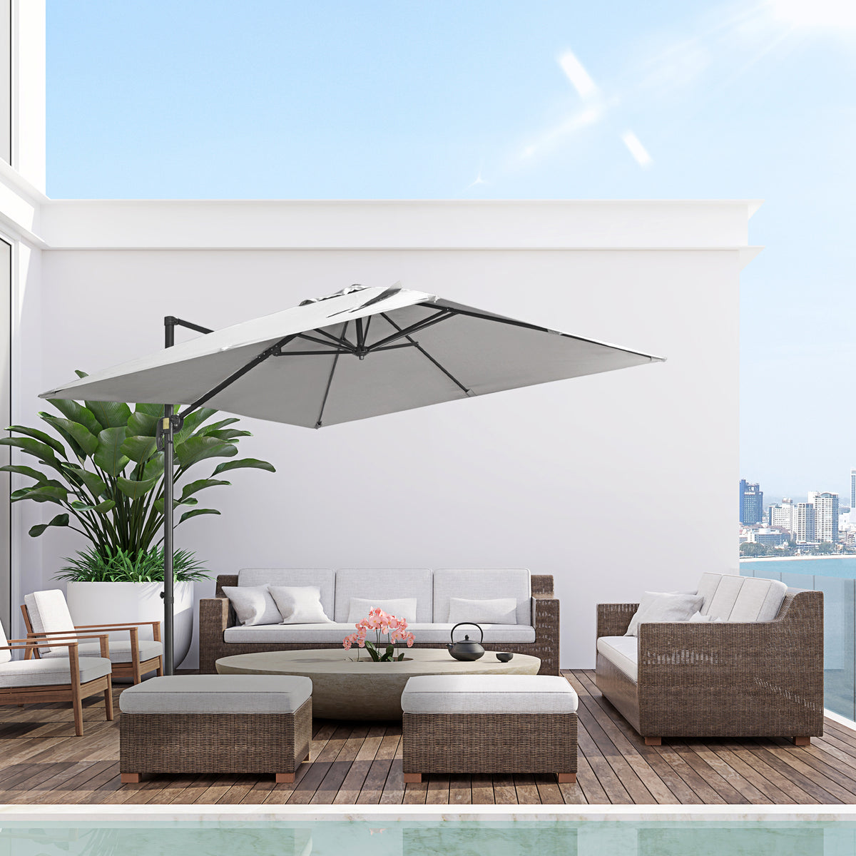 Parasol déporté carré inclinable avec manivelle et pied