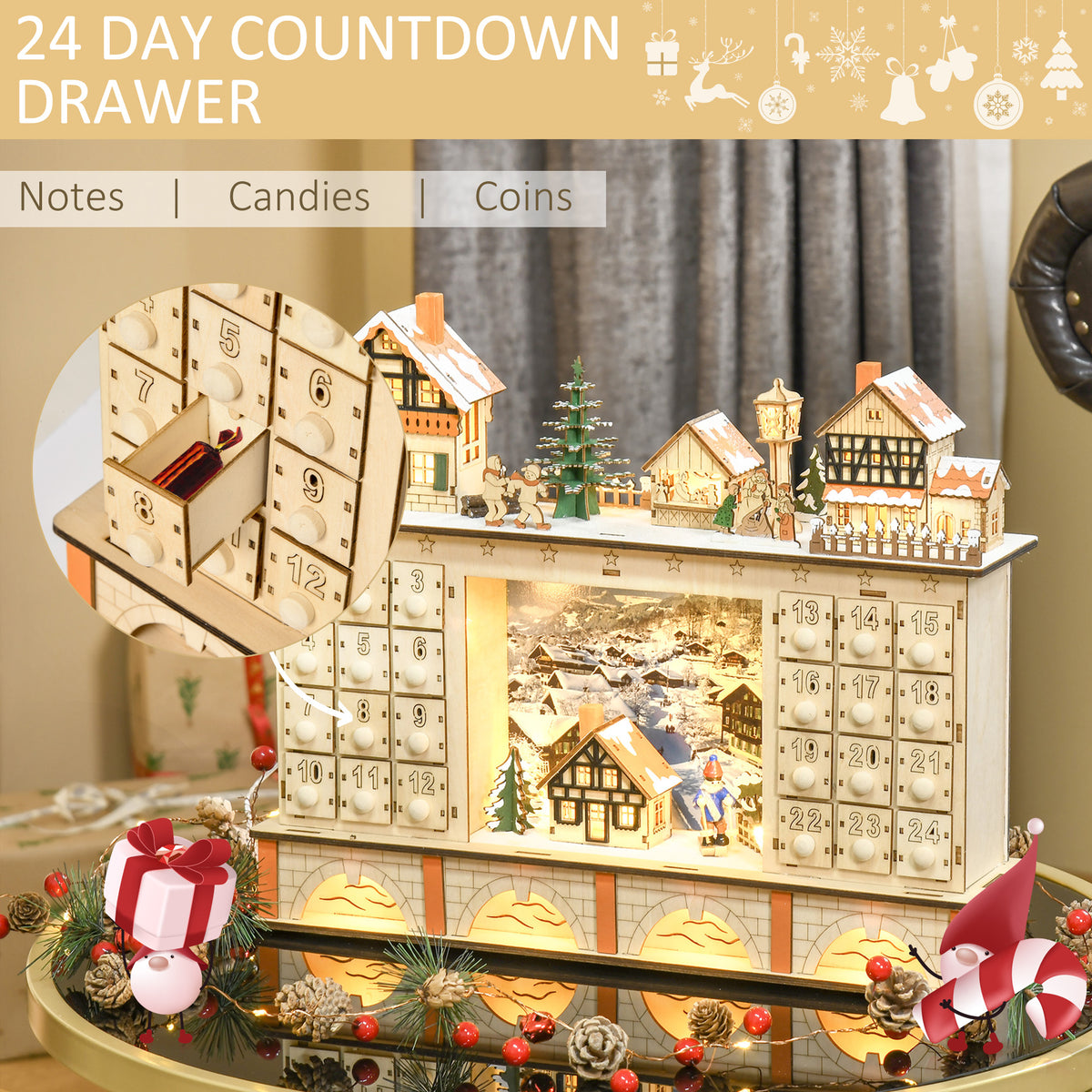 Calendrier de l'Avent Noël lumineux bois 24 jours