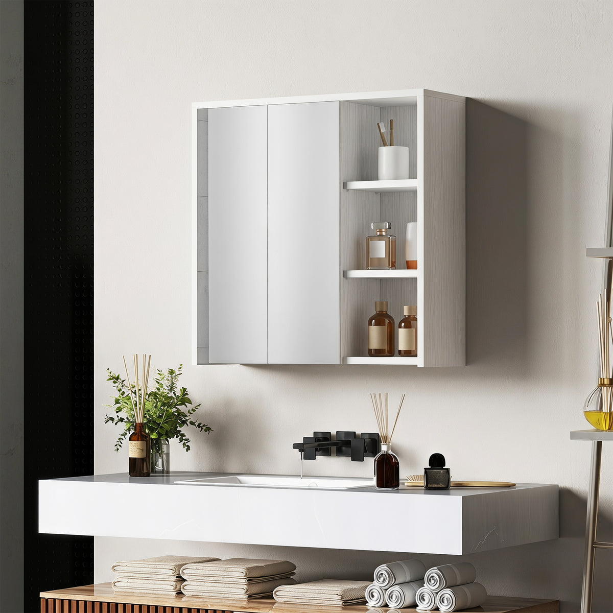 Armoire à pharmacie murale avec miroir et étagères ouvertes