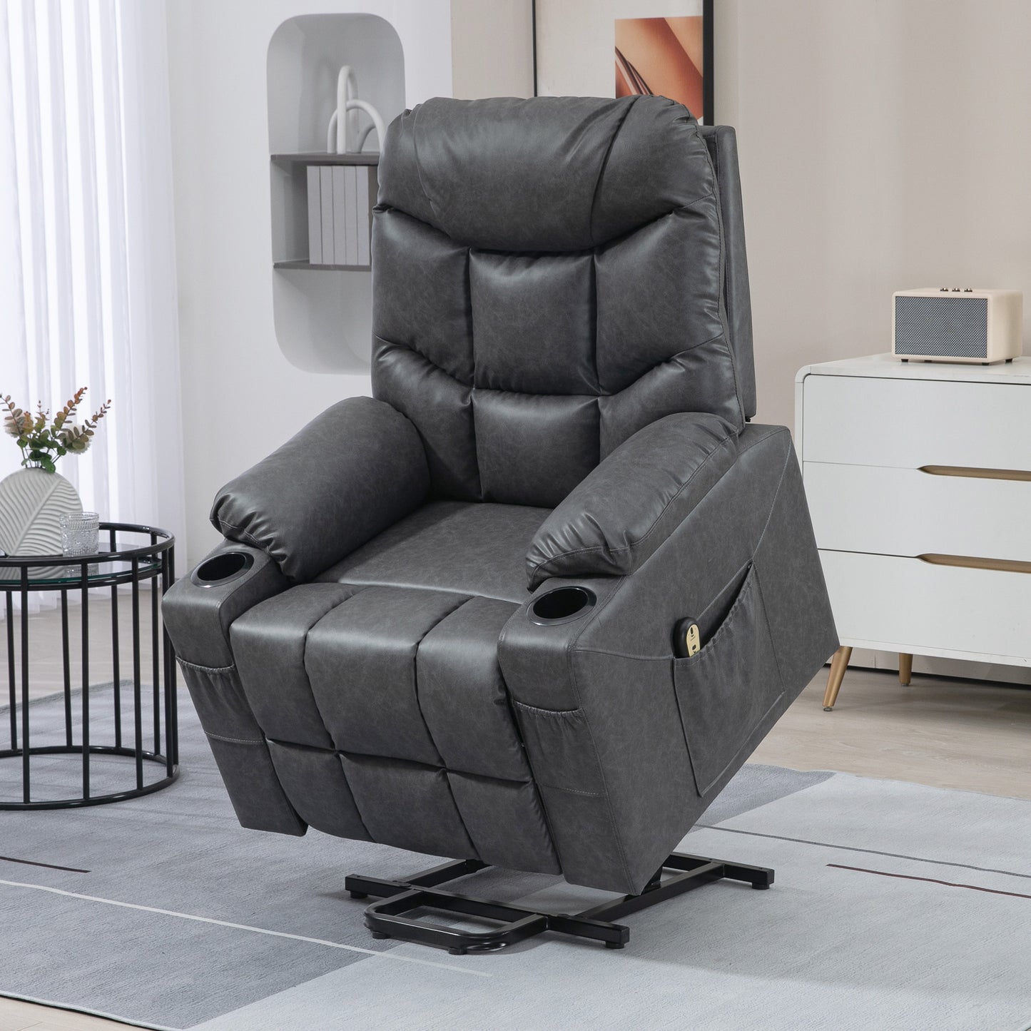 Fauteuil releveur électrique en similicuir avec porte-gobelets