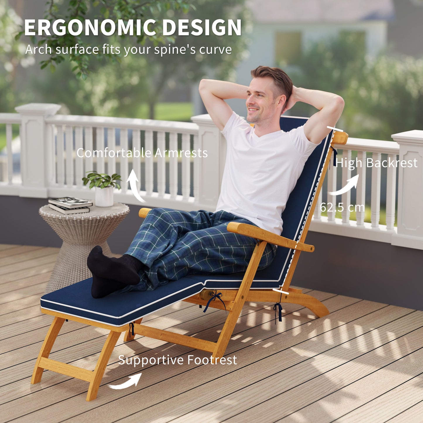 Chaise longue pliante en bois d'acacia avec repose-pieds