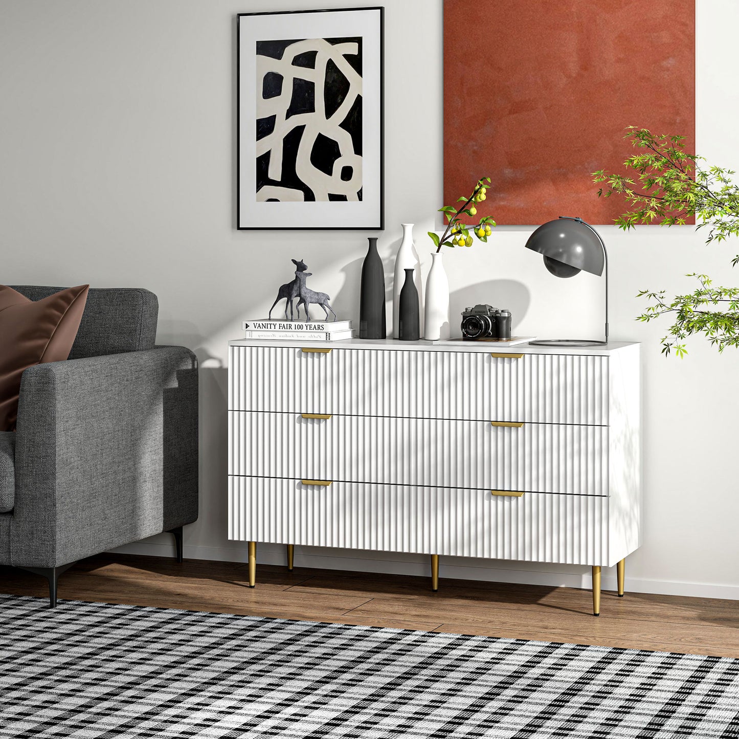 Commode 6 tiroirs avec pieds et poignées dorés