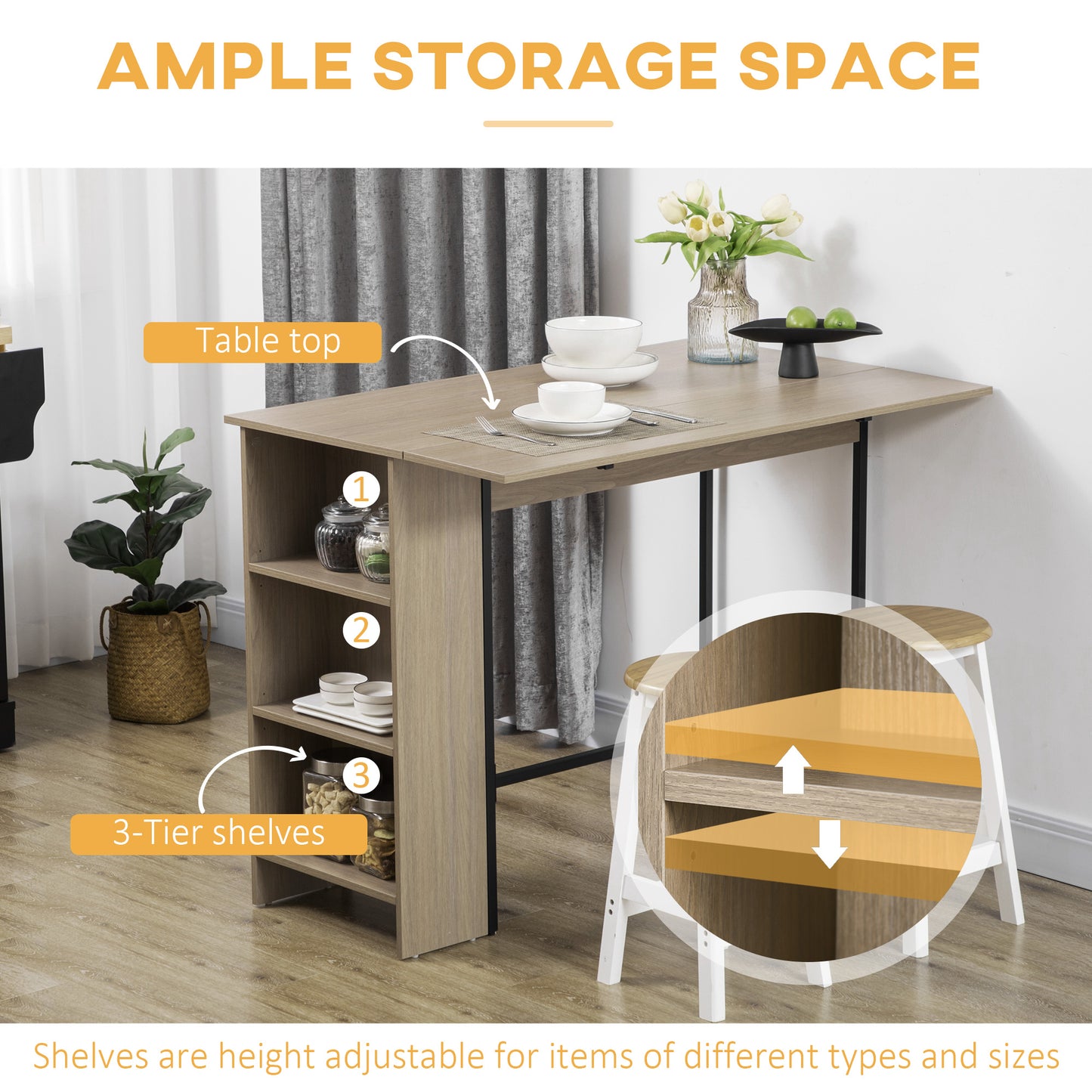 Table de bar extensible avec tablettes de rangement réglables