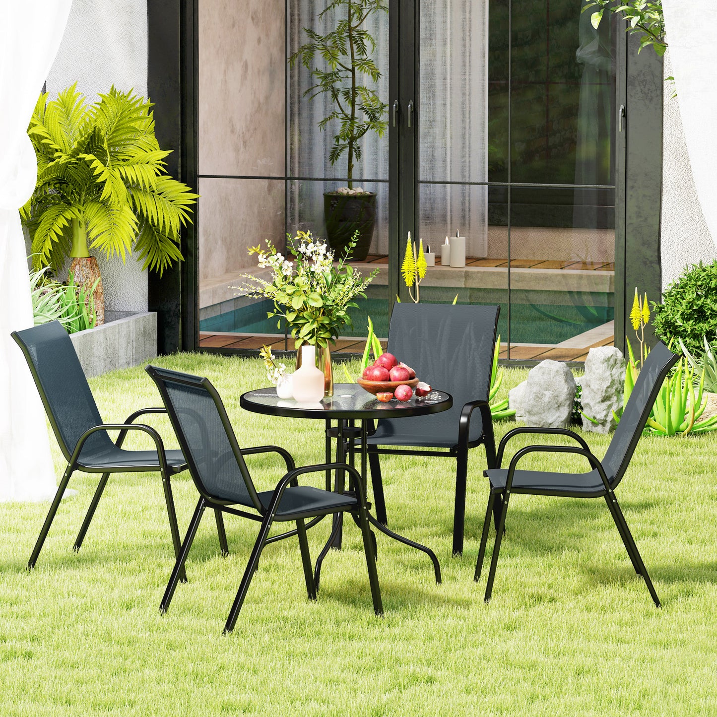 Ensemble de patio cinq pièces table ronde et chaises empilables