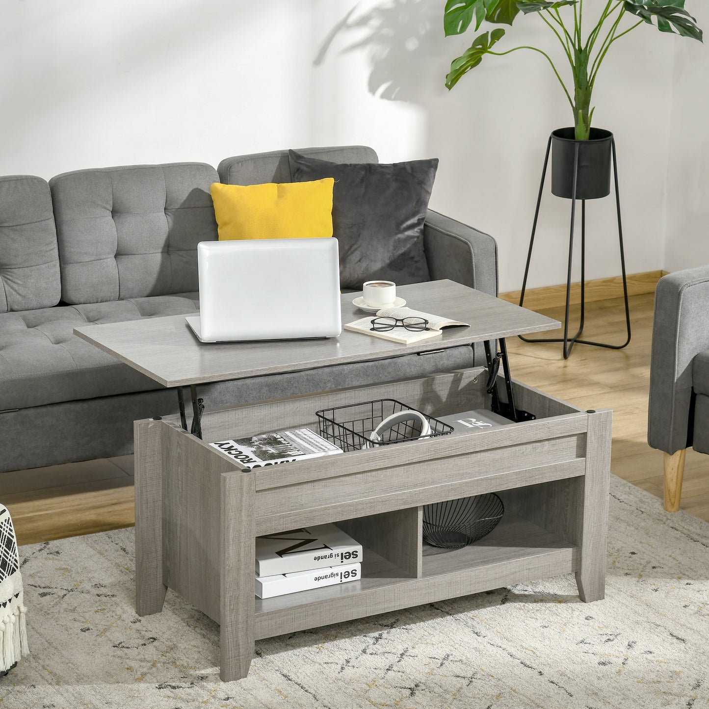 Table à café avec plateau relevable et rangement caché