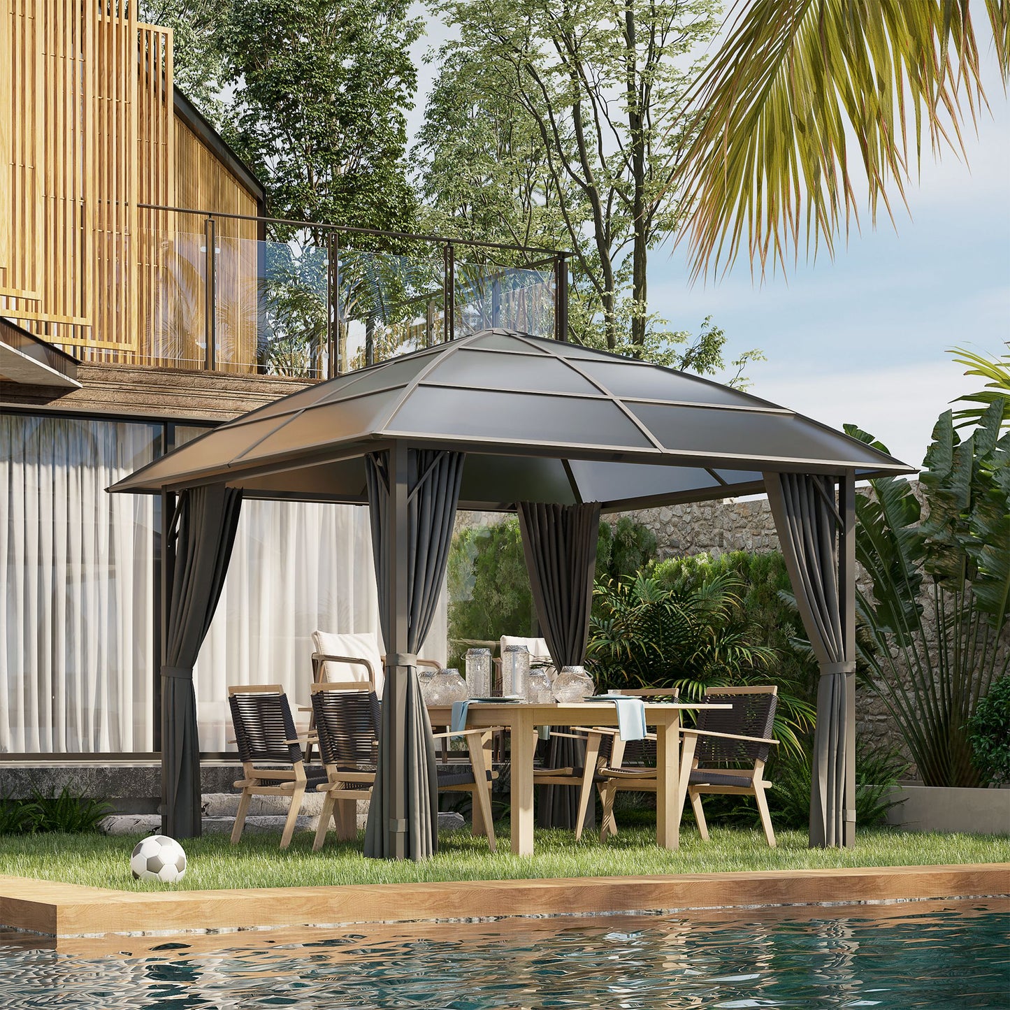 Gazebo toit rigide polycarbonate UV60+ avec rideaux