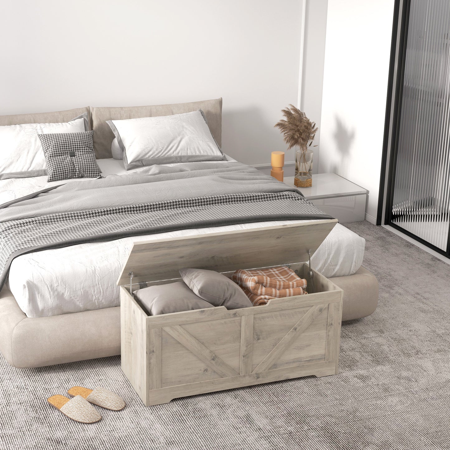 Coffre de rangement spacieux avec charnières sécurisées 100 cm — Grain de bois noir
