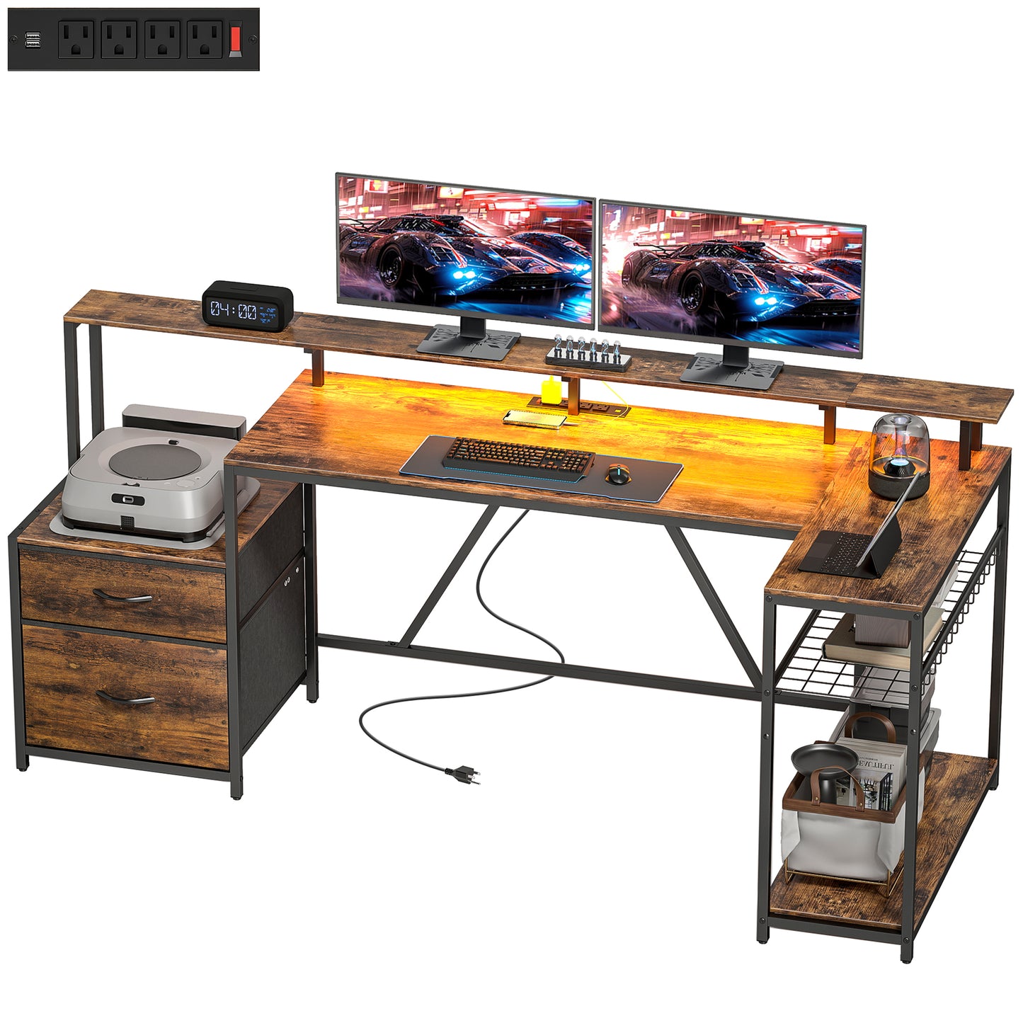 Bureau de jeu en L avec RGB et hub de recharge