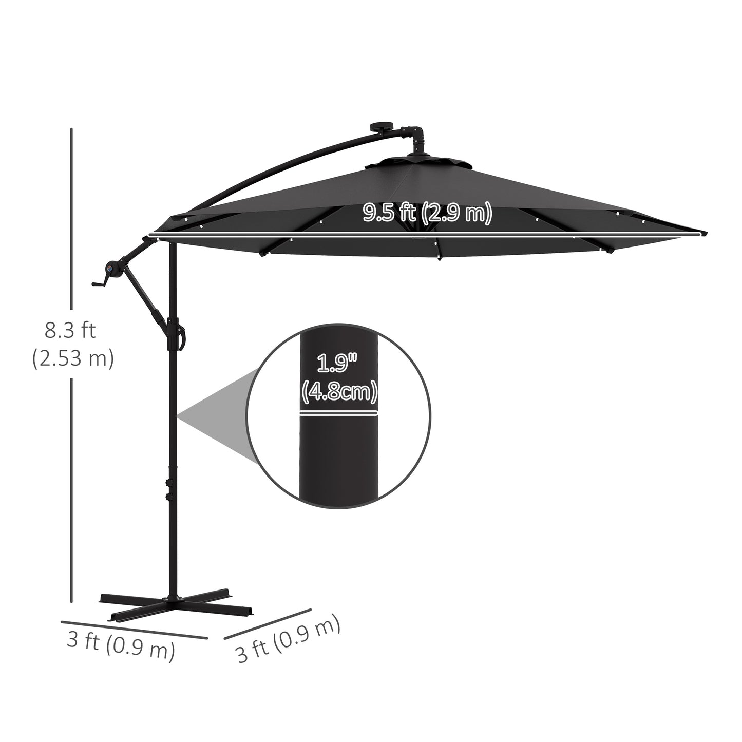 Parasol déporté LED solaire 290 cm avec base lestée