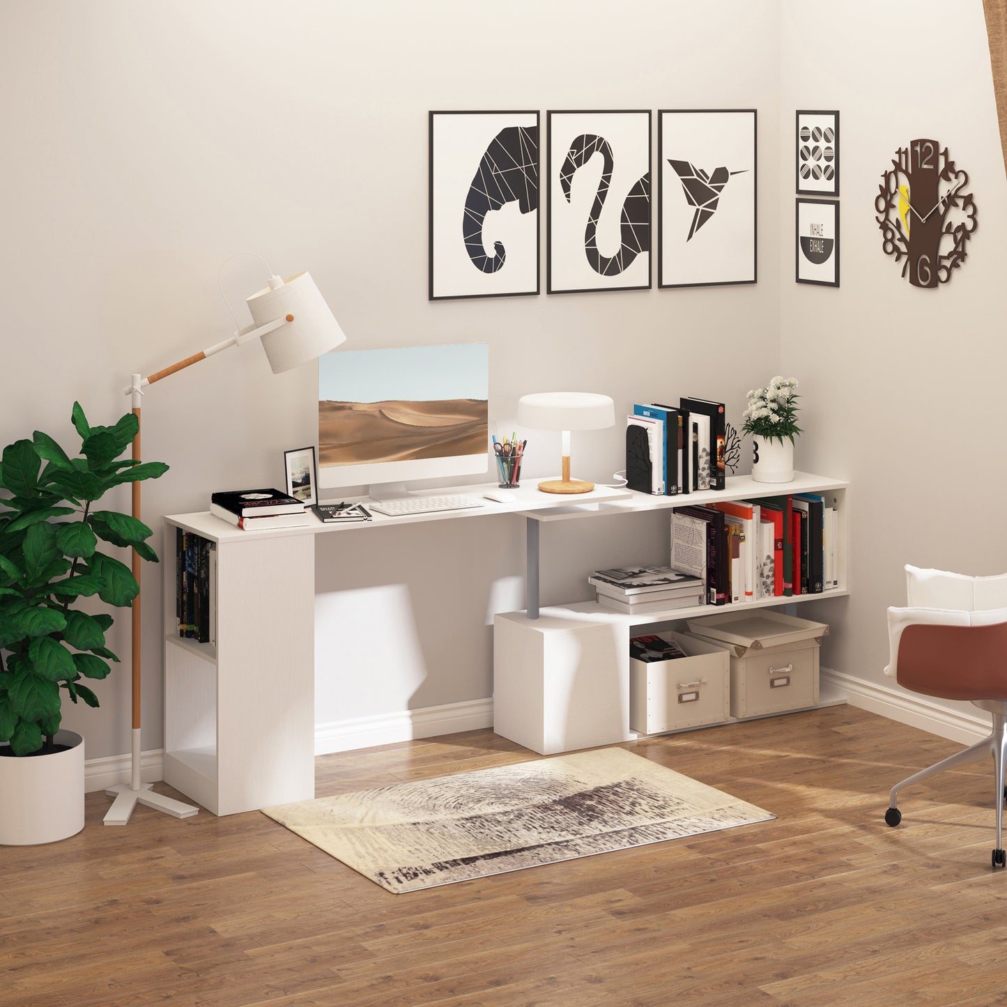 Bureau d'angle rotatif 360° avec étagères 3 niveaux