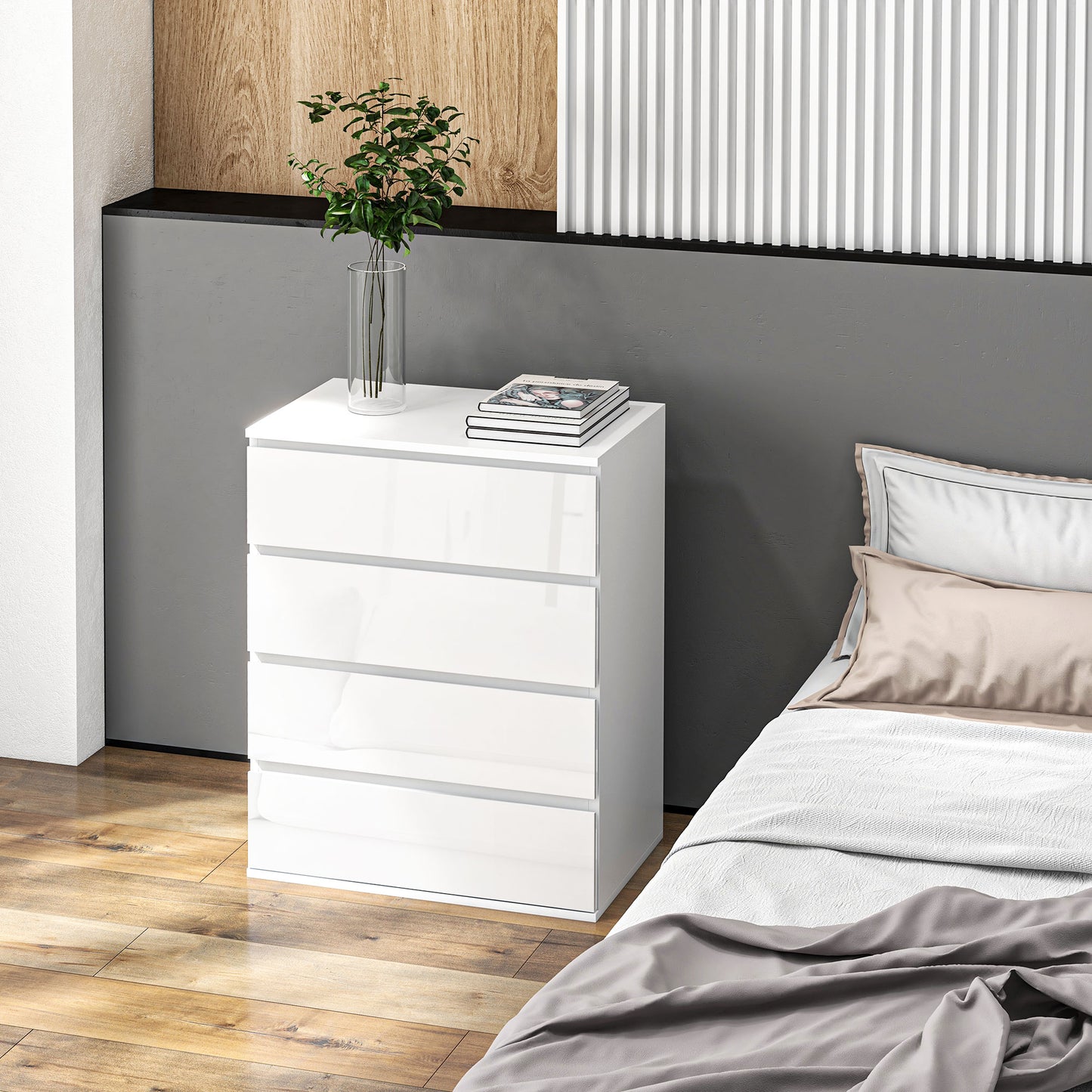 Commode 4 tiroirs fini haute brillance pour chambre