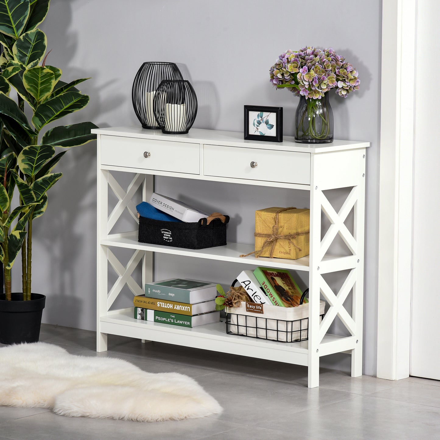 Table console étroite 99 cm avec tiroirs et étagères