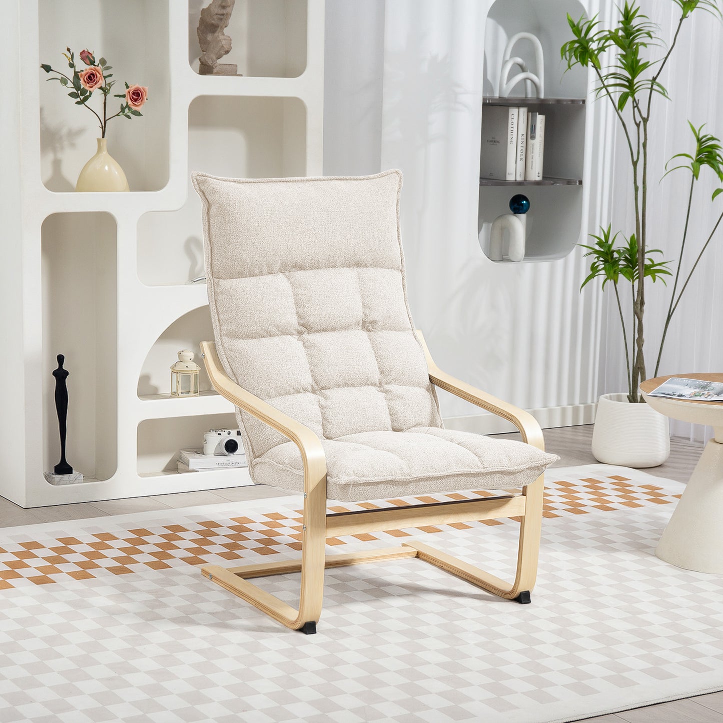 Fauteuil d'accent moderne avec accoudoirs en bois et mouvement berçant