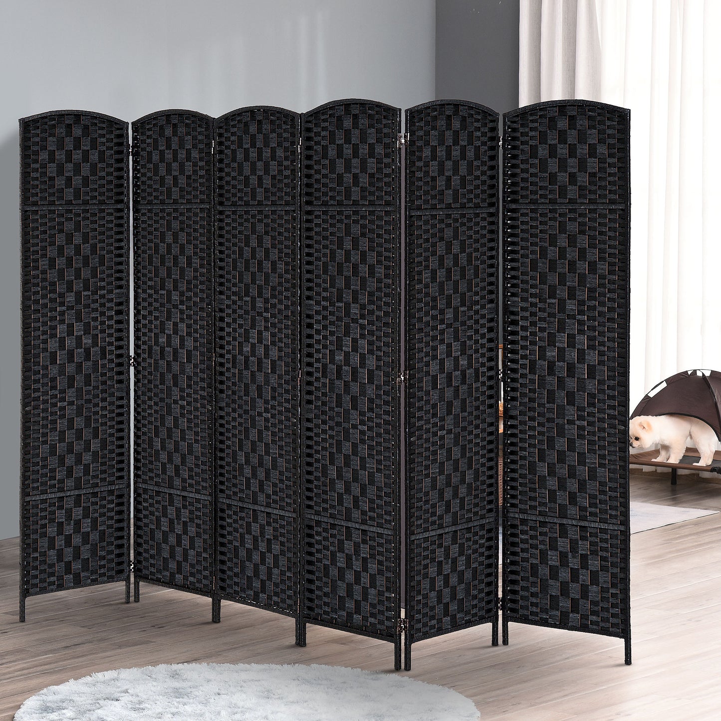 Paravent pliable 4 panneaux cadre bois tressé