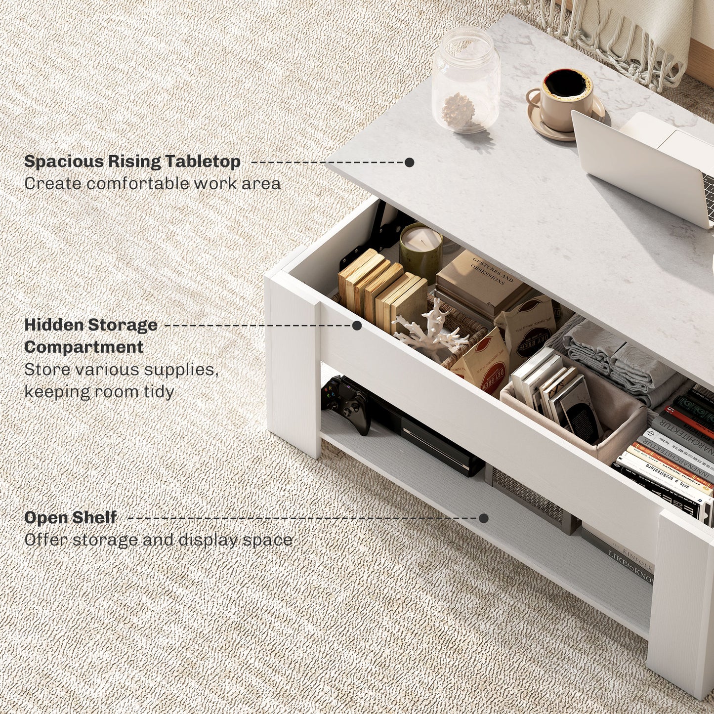 Table basse relevable avec rangement caché et tablette