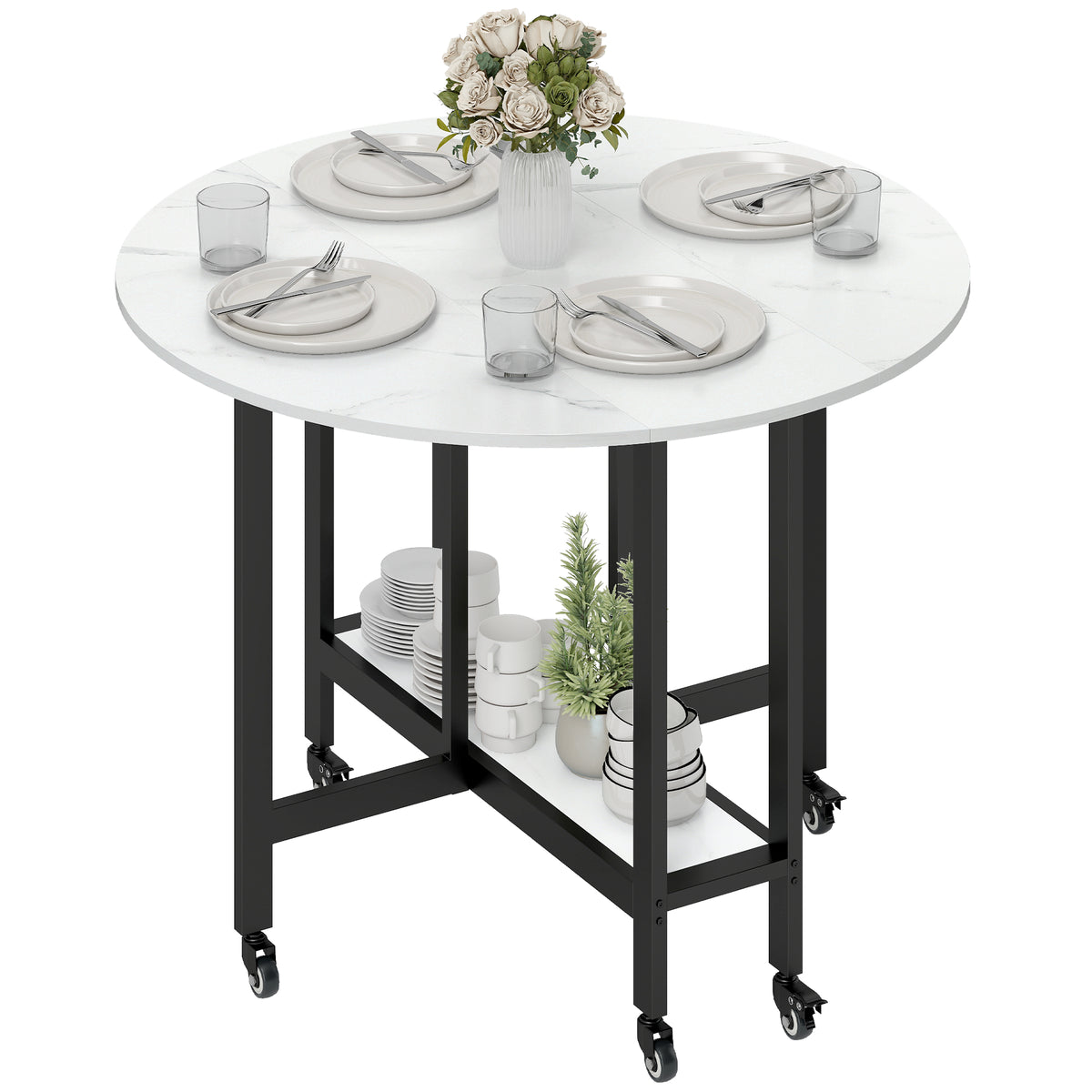 Table à manger pliante avec tablette — blanc marbre