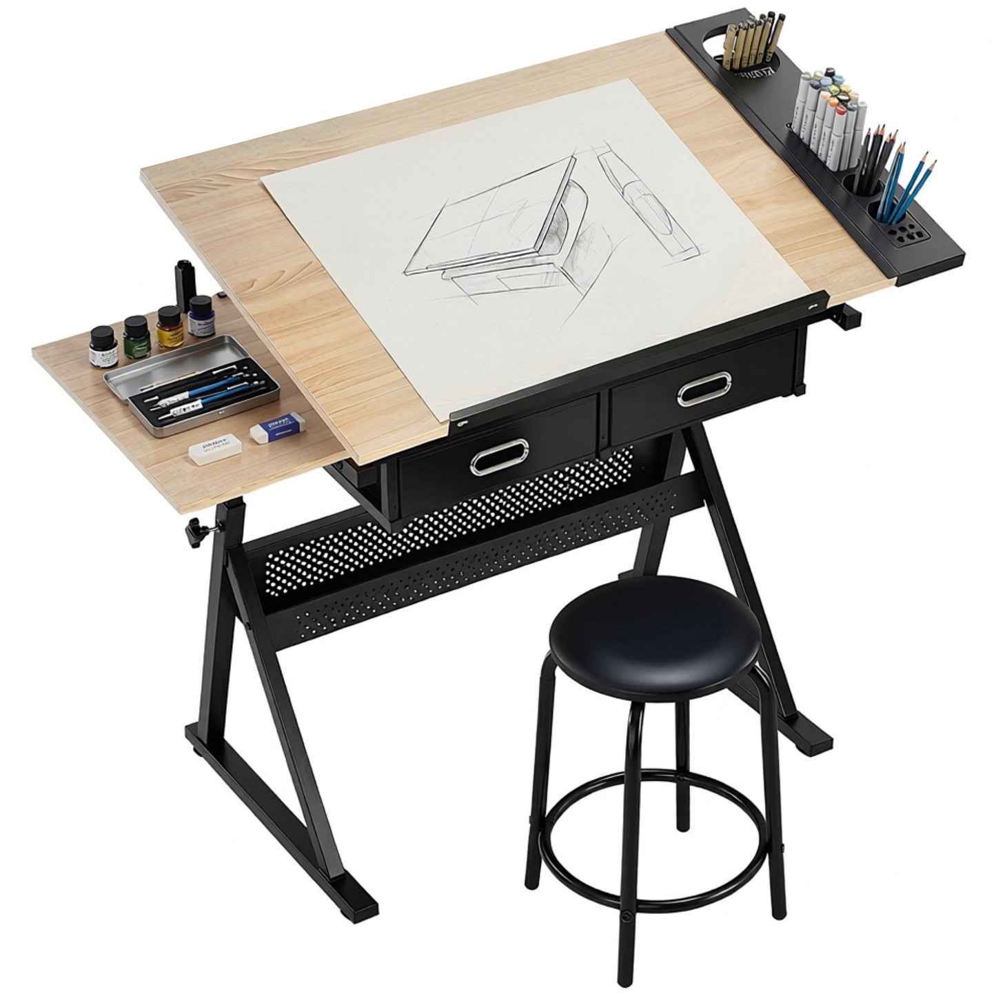 Table à dessin ajustable avec tabouret et rangements