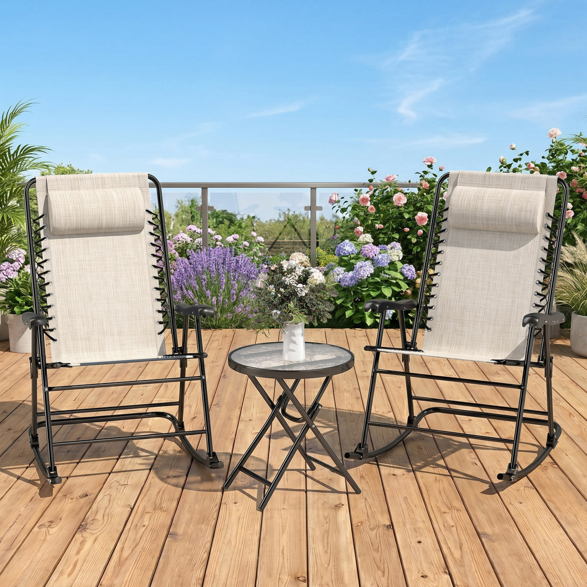 Ensemble 3 pièces chaises berçantes patio avec table