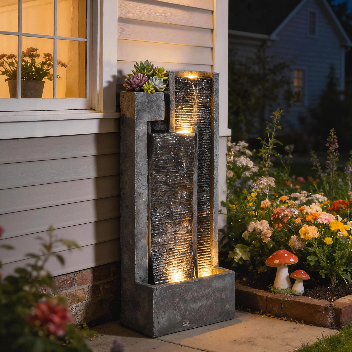 Fontaine d'eau extérieure 3 étages avec lumières LED et jardinière