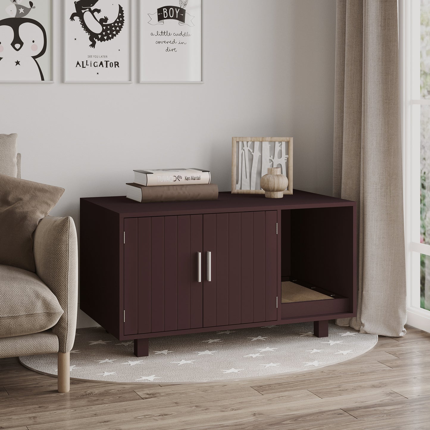 Meuble cache litière chat table d'appoint avec grattoir