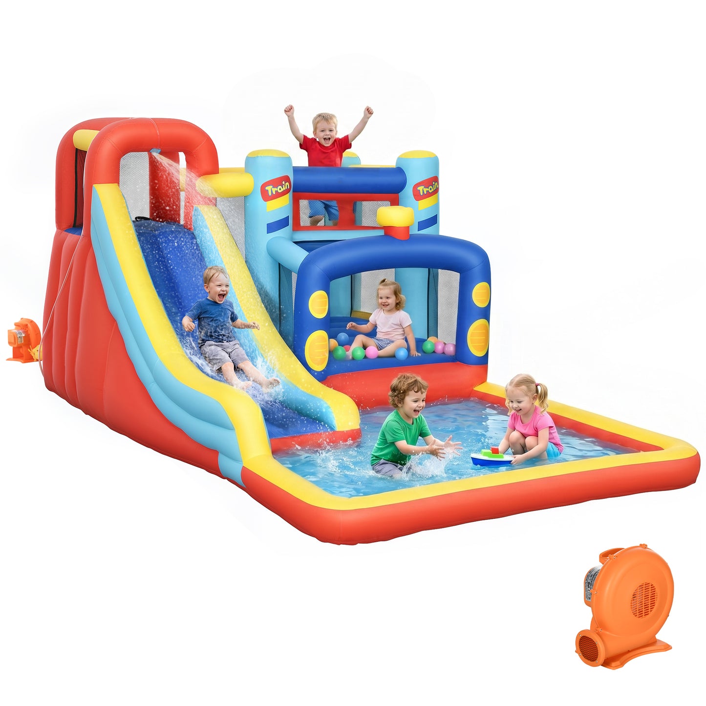 Château gonflable 4 en 1 avec glissade et piscine