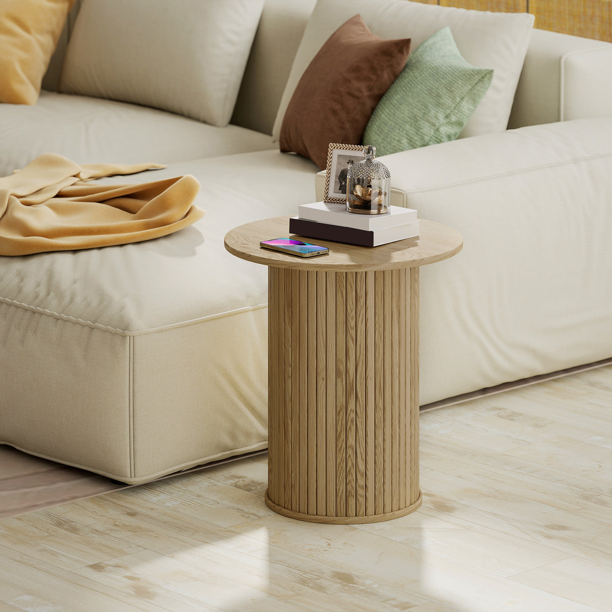 Table d'appoint ronde cannelée style chêne