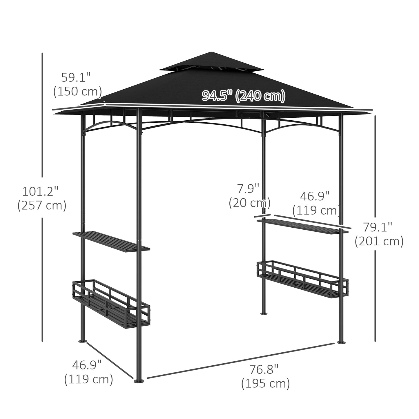 Gazebo BBQ double toit avec tablettes et crochets