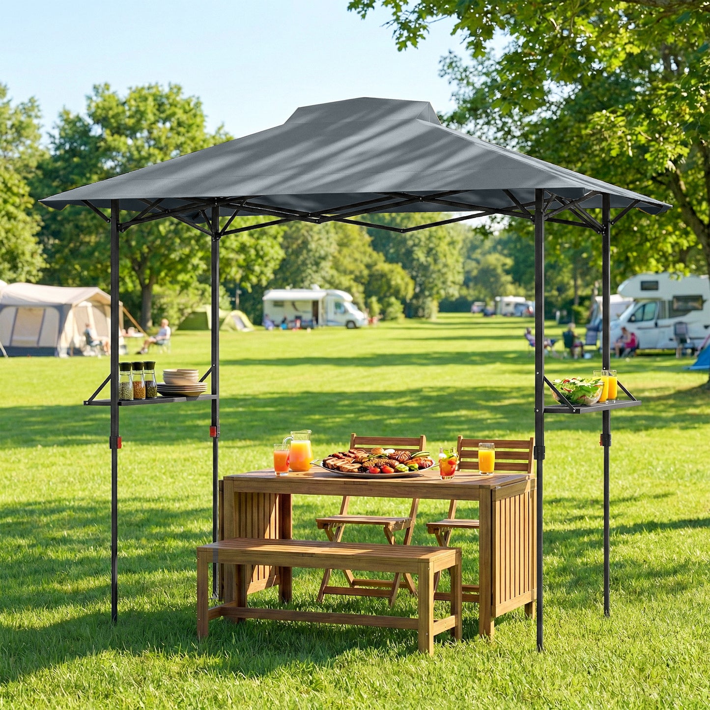 Gazebo de barbecue escamotable UPF 50+ avec 2 tablettes