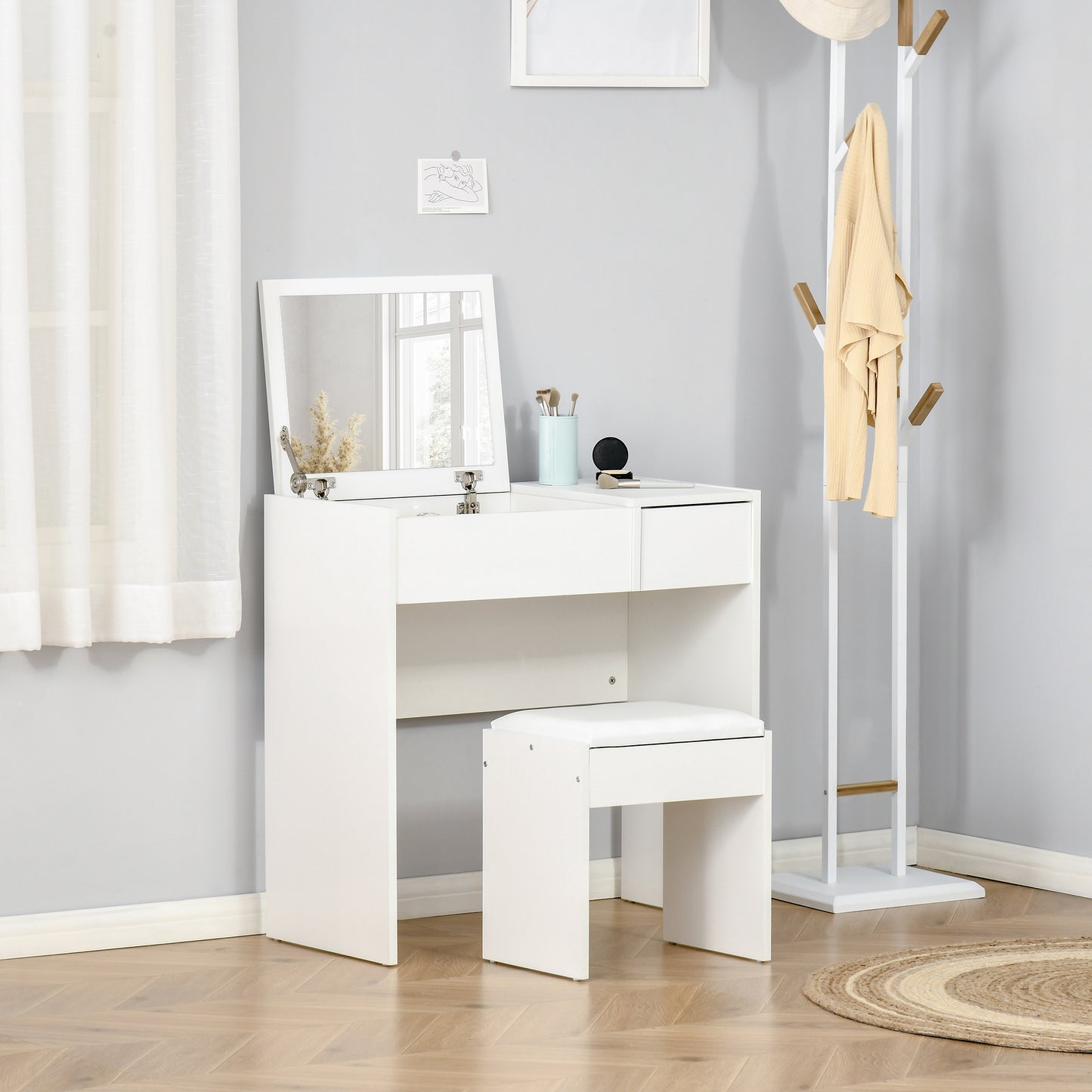 Coiffeuse avec miroir rabattable et tabouret rembourré