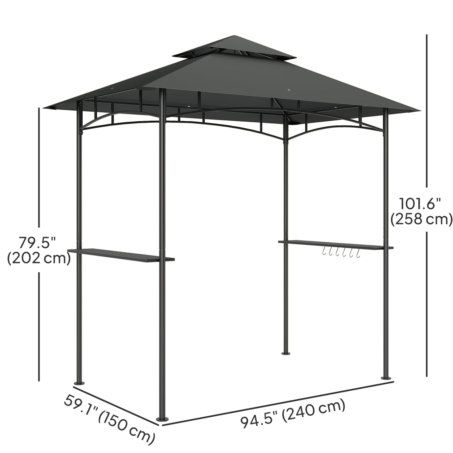 Gazebo de barbecue double toit avec tablettes et crochets
