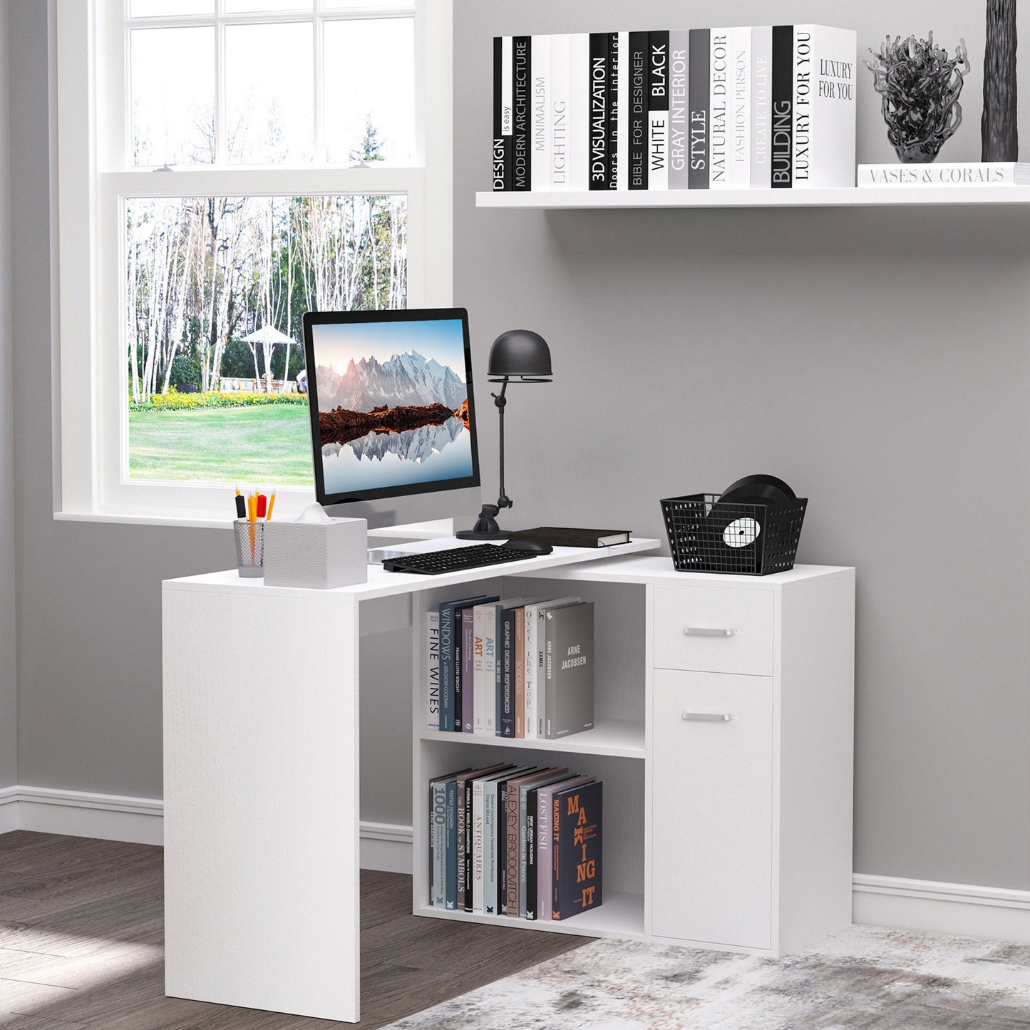 Bureau d'angle rotatif 180° avec rangements