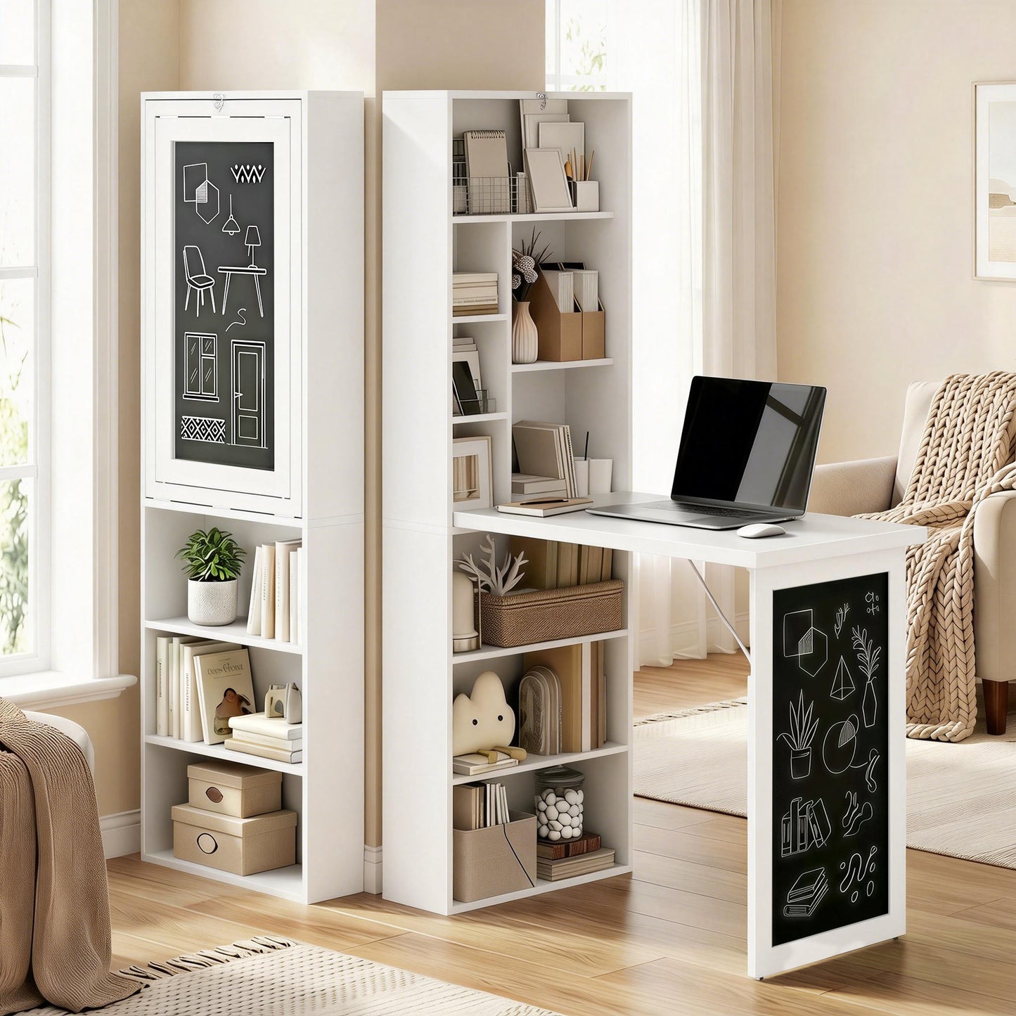 Bureau mural rabattable avec tableau noir et étagère