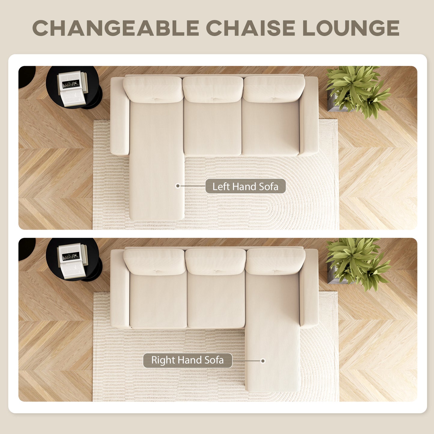 Sofa sectionnel en velours côtelé avec chaise longue réversible