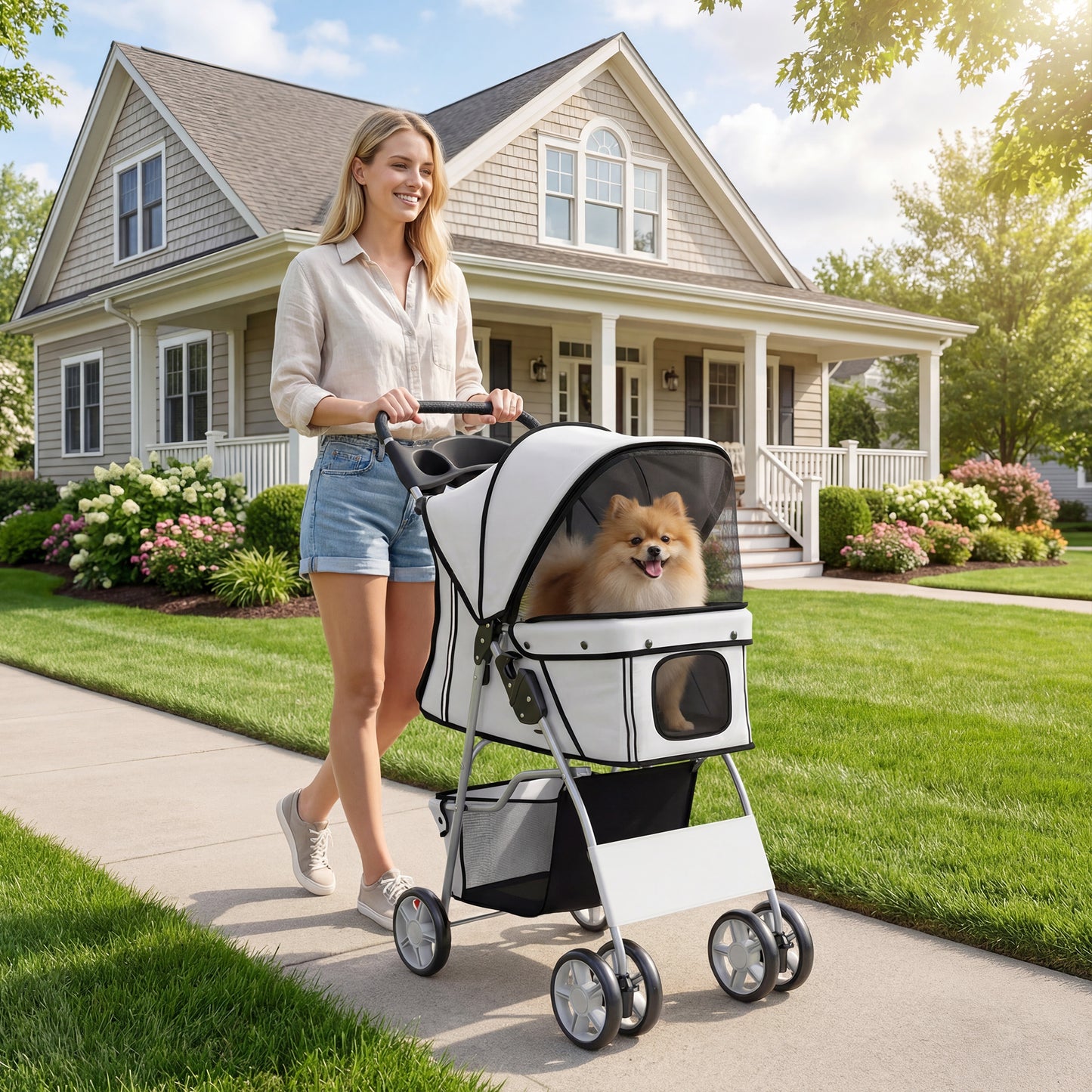 Poussette pour animaux pliable avec roues et freins