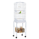 Cage à oiseaux sur roulettes avec tablette de rangement