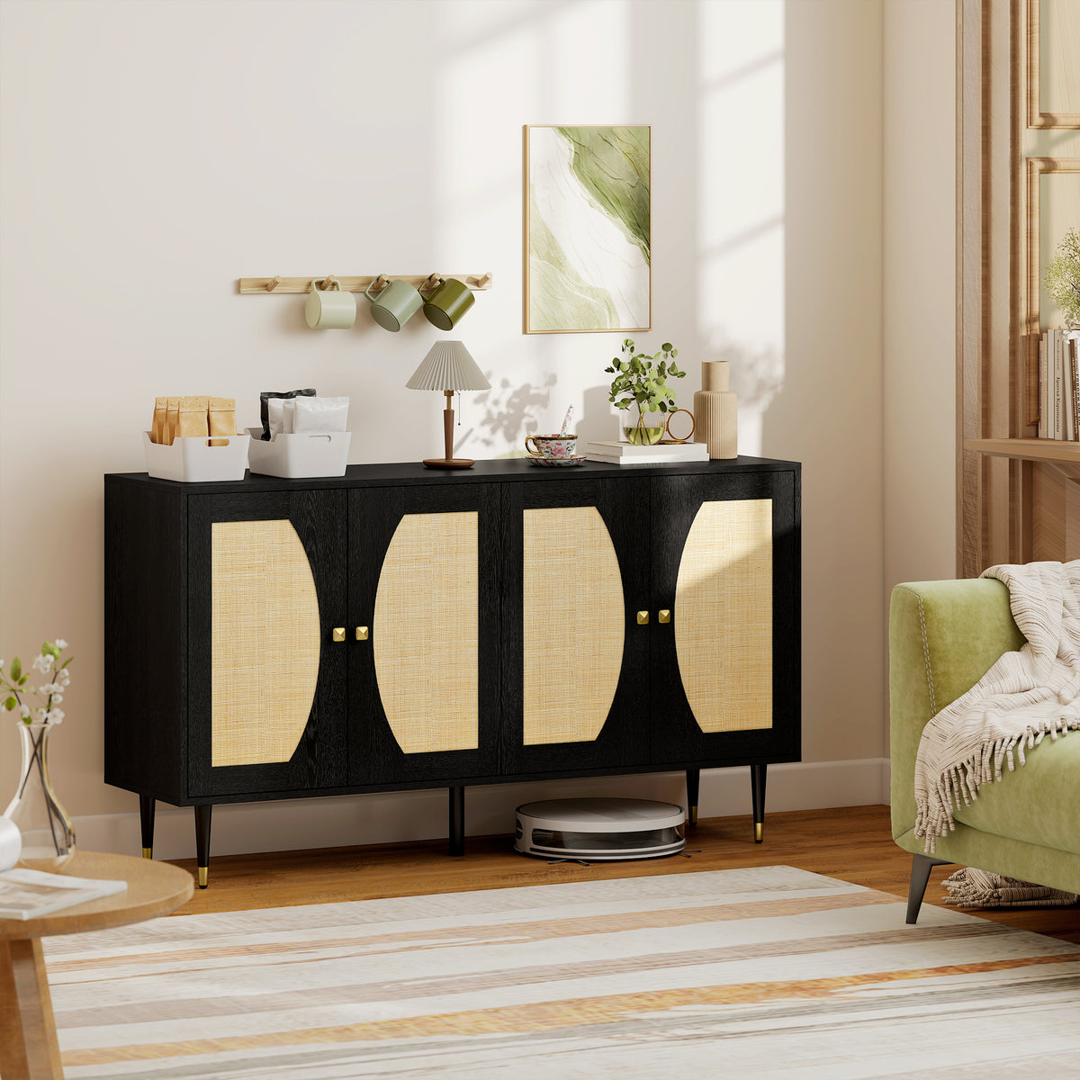 Buffet de rangement style bohème en rotin 140 x 38 x 79 cm