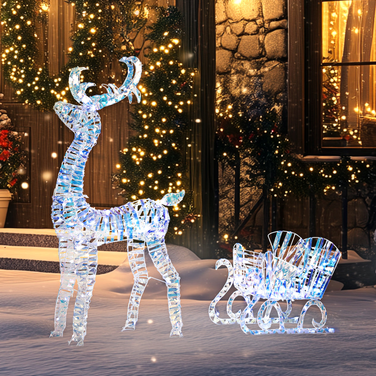 Décoration renne de Noël illuminé avec traîneau