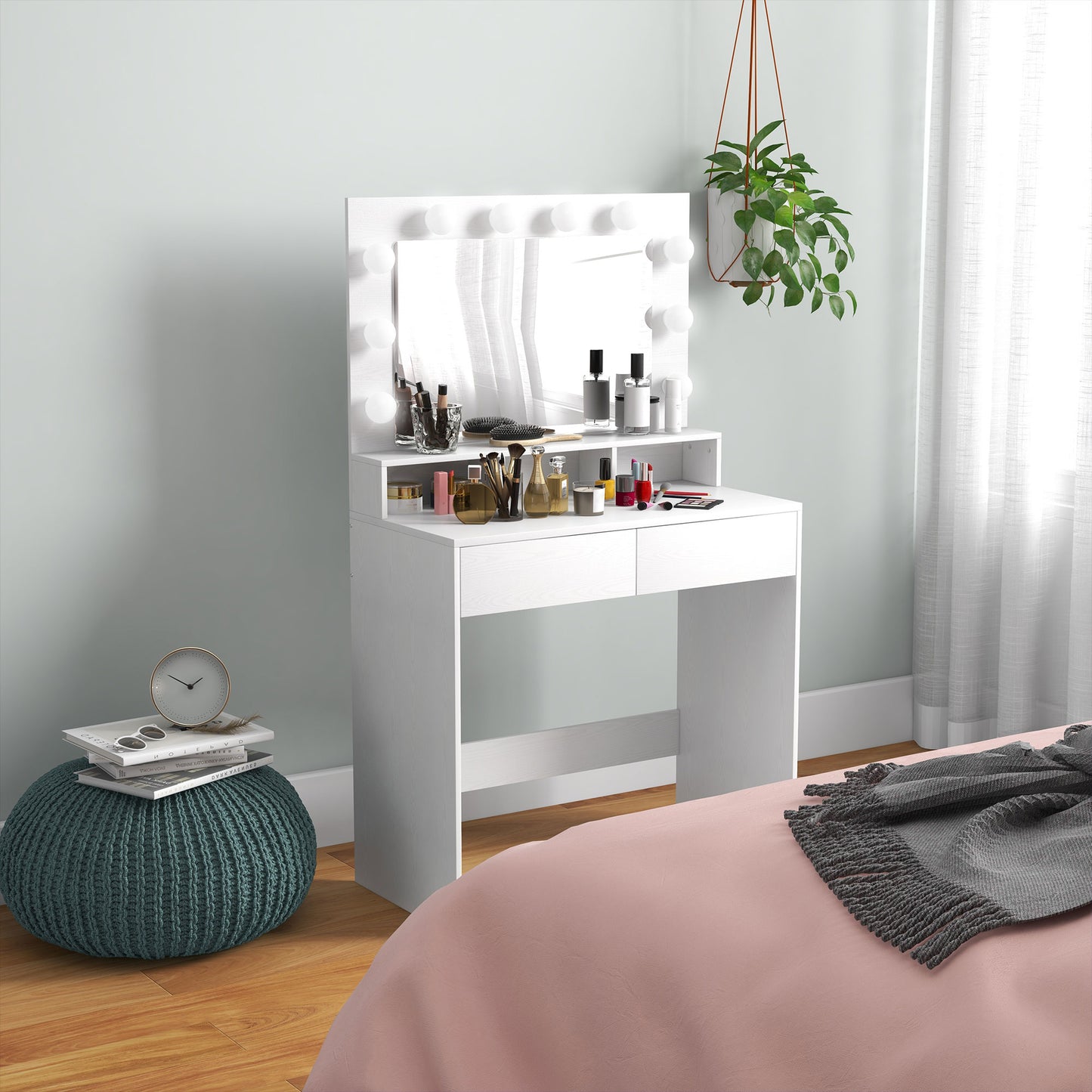 Coiffeuse avec miroir éclairé LED et tiroirs
