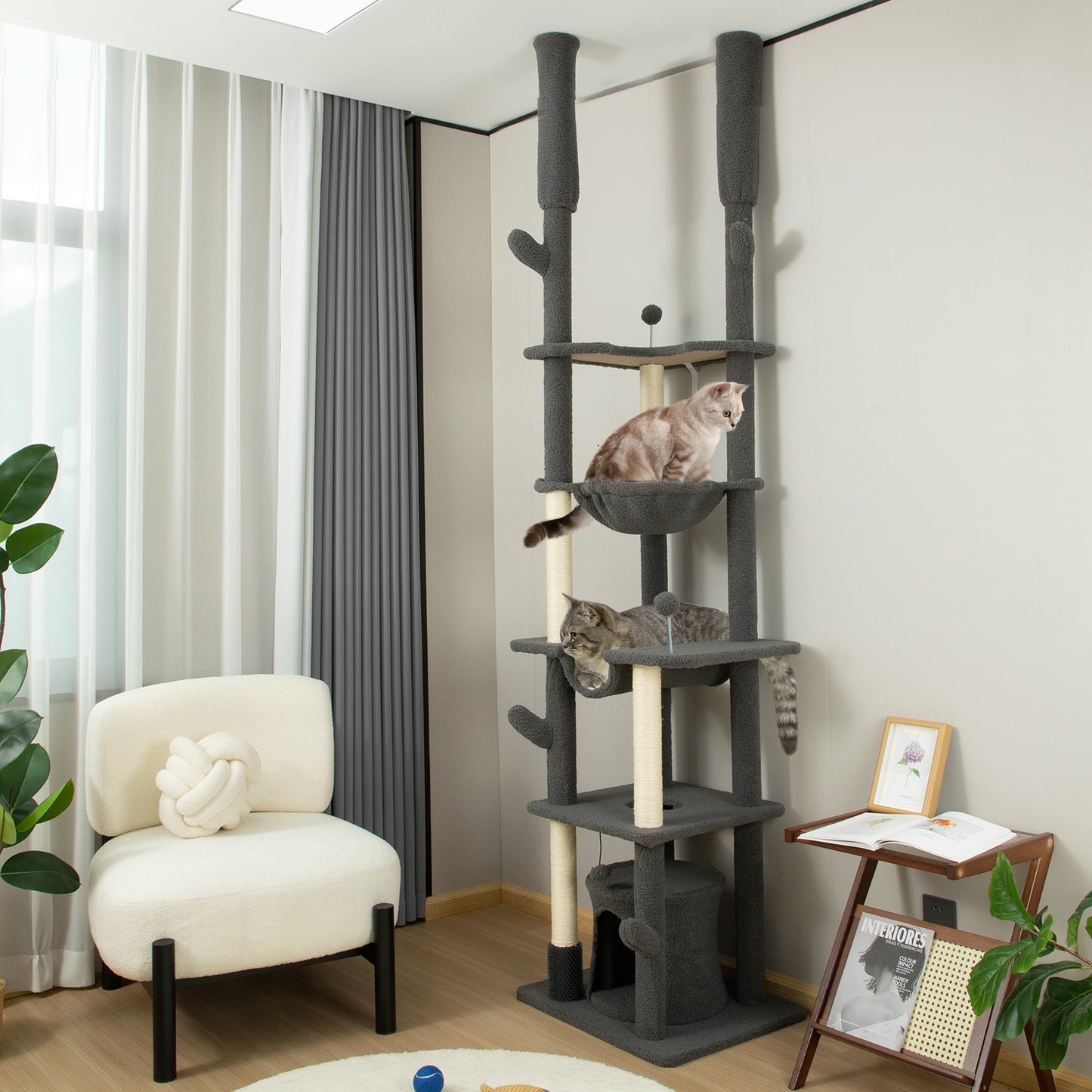 Arbre à chat plafond-sol ajustable 225-255cm avec hamacs