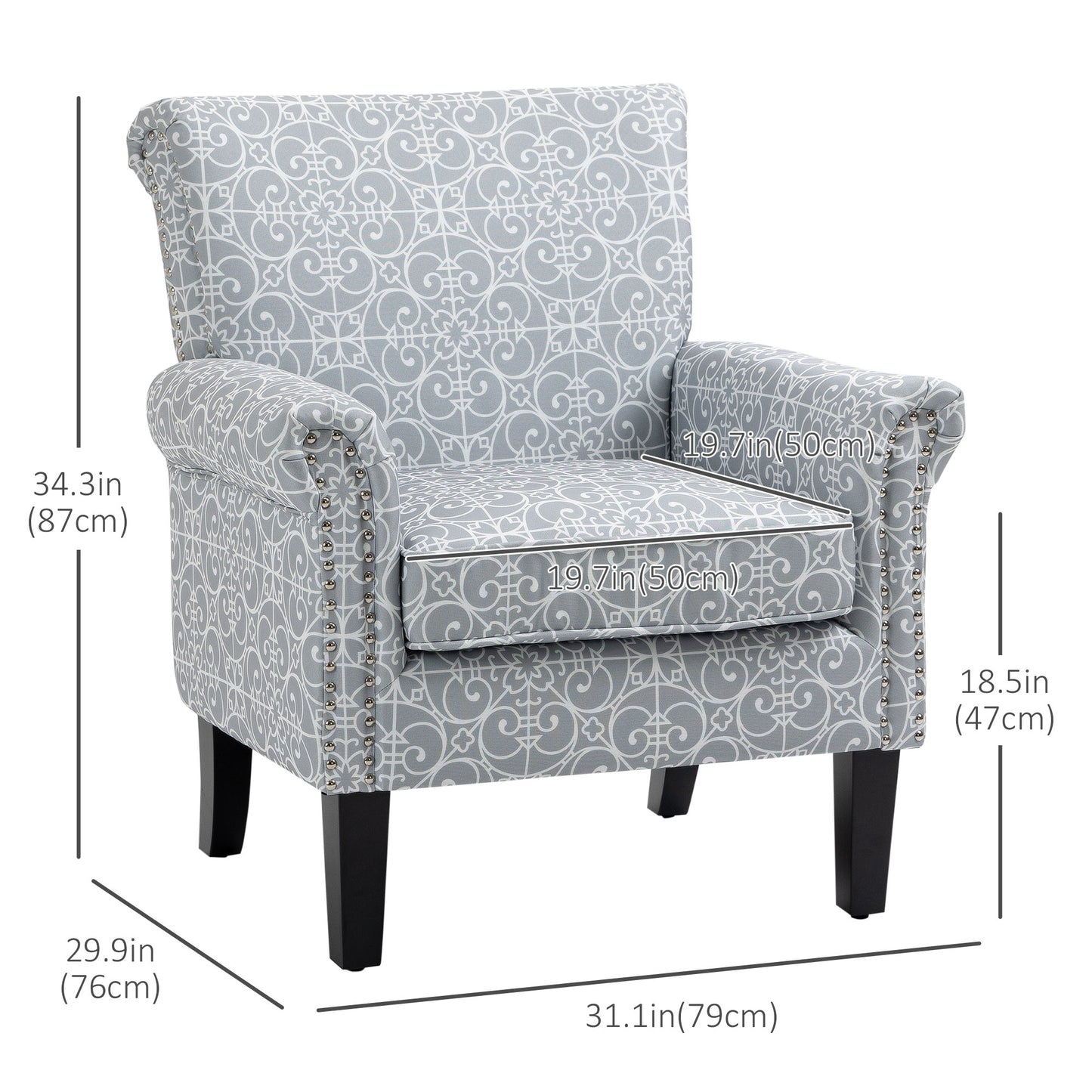 Fauteuil accent tissu lin clouté accoudoirs roulés