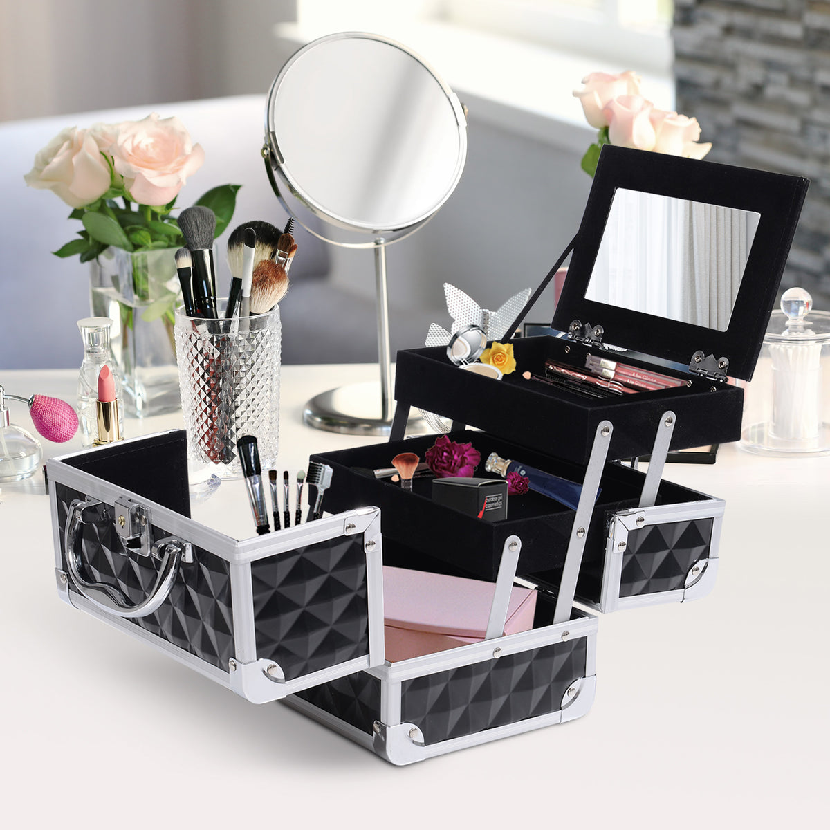 Mallette maquillage 3 étages miroir organisateur