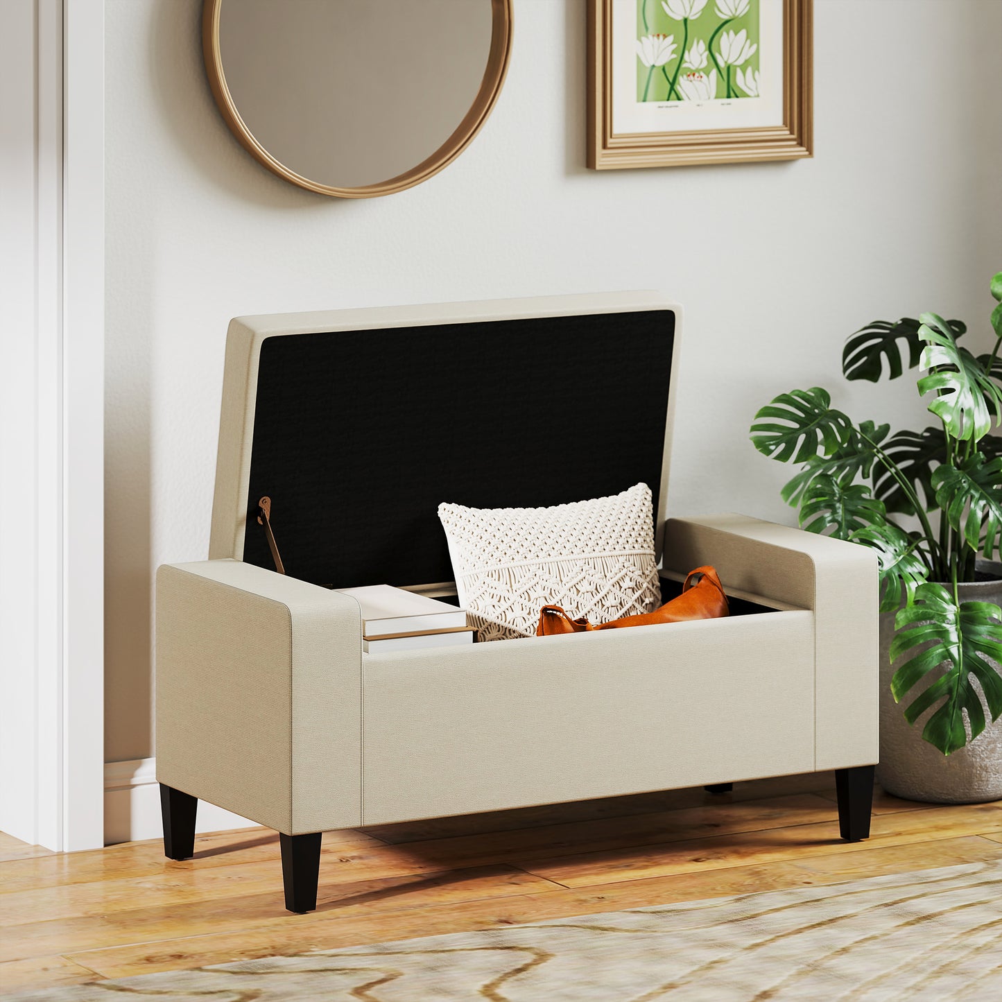 Banc coffre capitonné en lin
