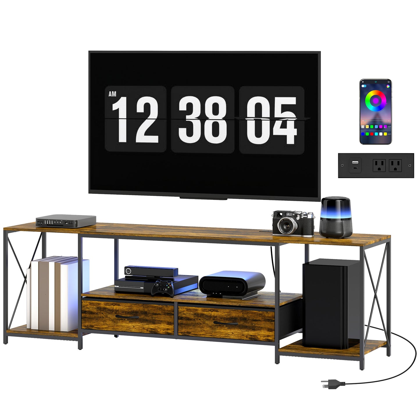 Meuble télé industriel avec éclairage RGB et station de recharge
