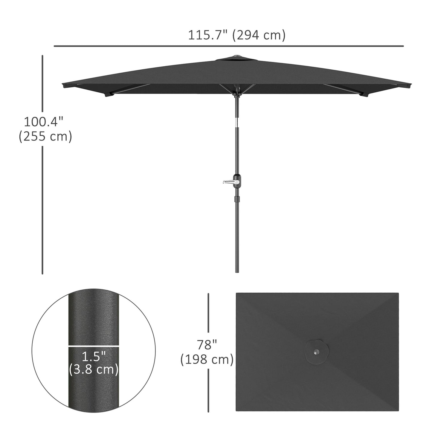 Parasol rectangulaire inclinable avec manivelle 200x290cm