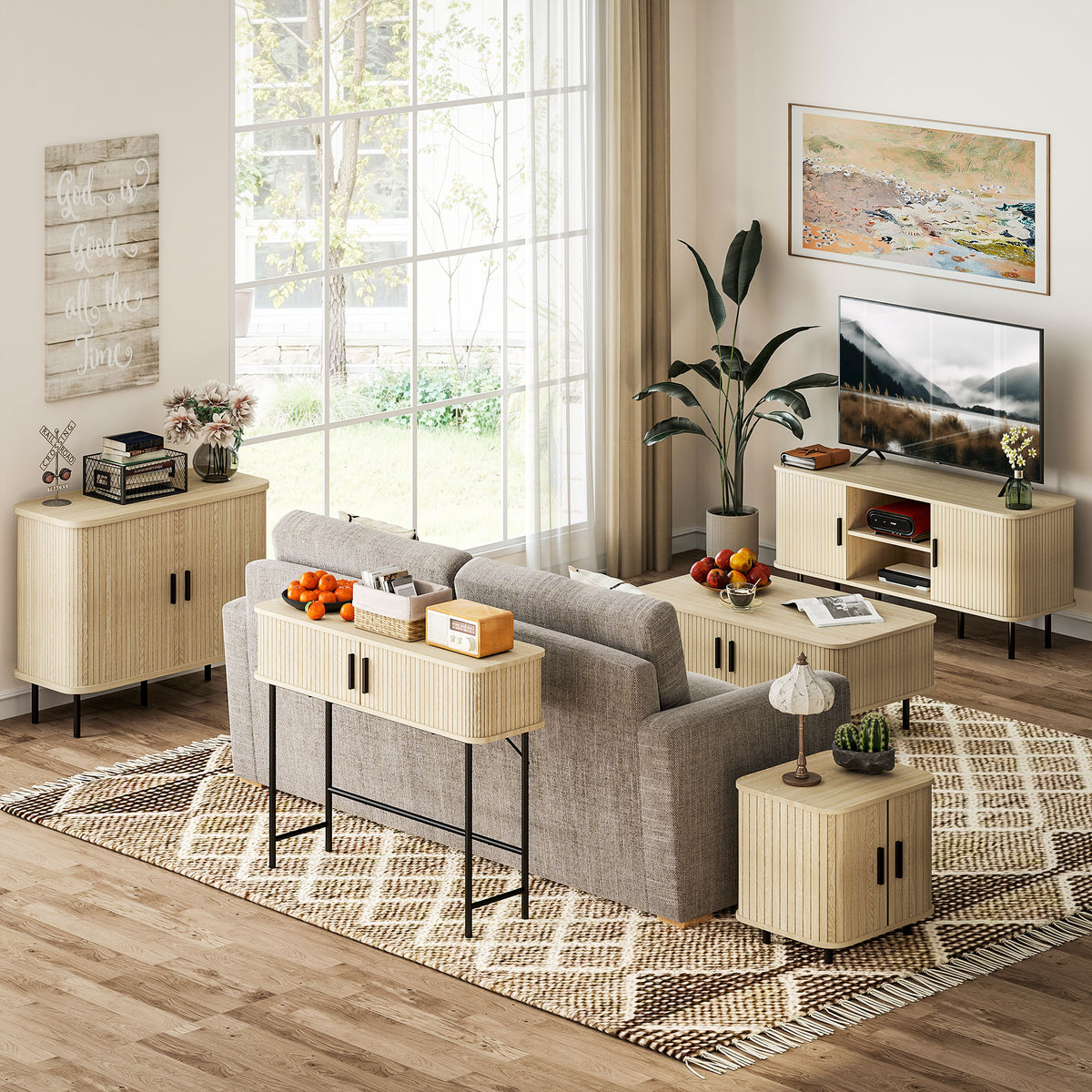 Console mi-siècle avec portes tambour et rangement